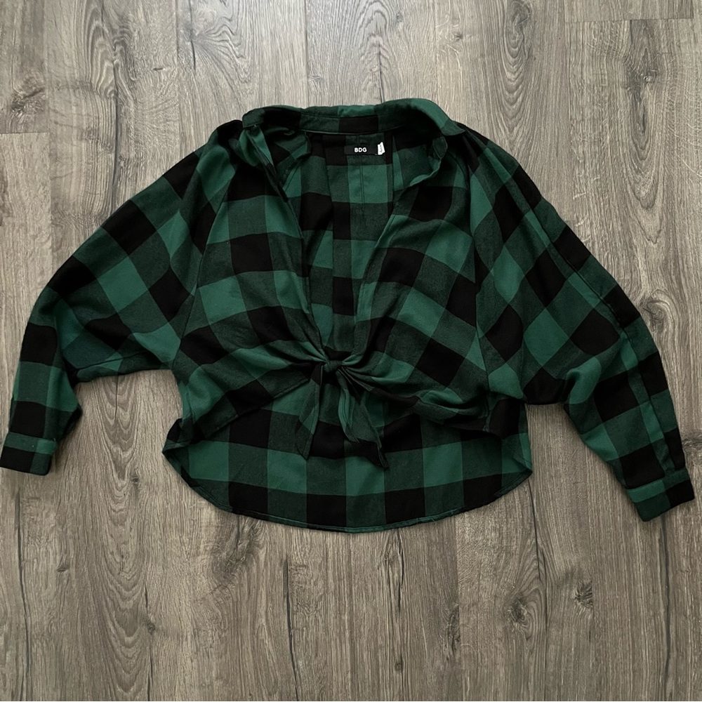 UO BDG Plaid Open Tie Front Flannel Top